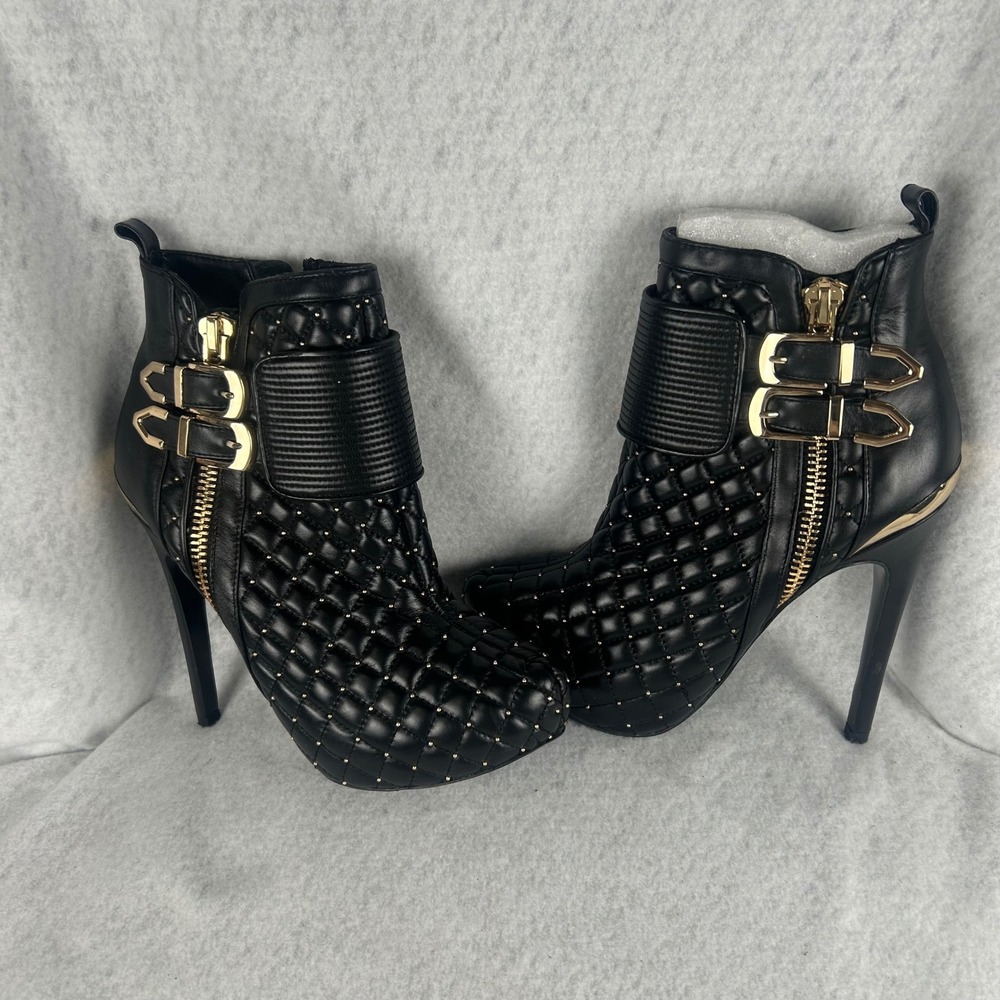 Katy Perry The Wrkit Bootie Womens 7.5 Black Quilted Leather Gold Buckle - Picture 1 of 8